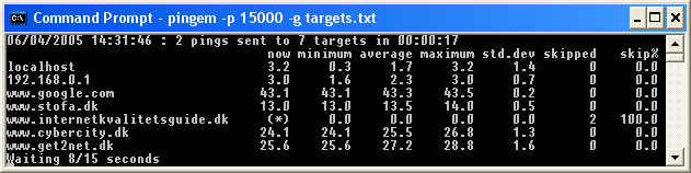 Ping' em pinging 7 targets with 15 second intervals in a wide Command Prompt